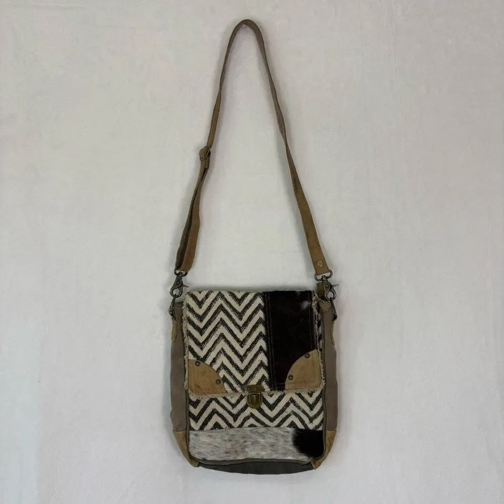 Myra Bag Grey Zig Zag with Fur Detail Flap‎ Closure Crossbody Purse